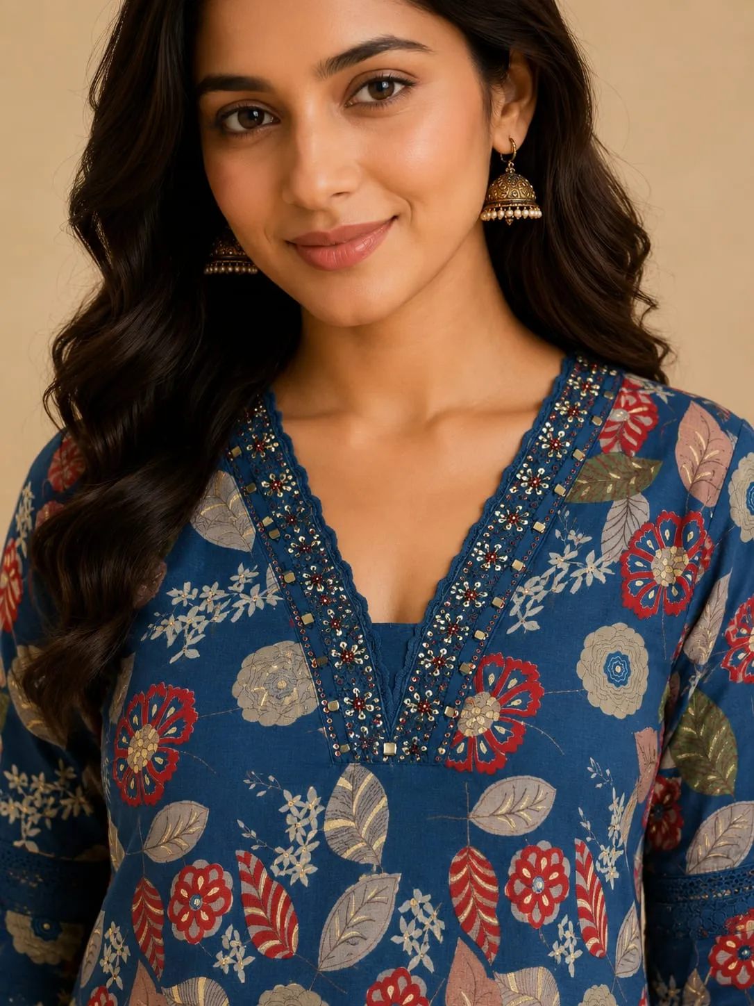 Navy Blue Floral Printed Viscose SKD with Beaded V-Neck