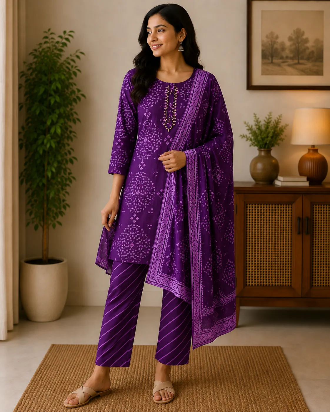 Purple Bandhani Print Rayon Kurta Set with Dupatta