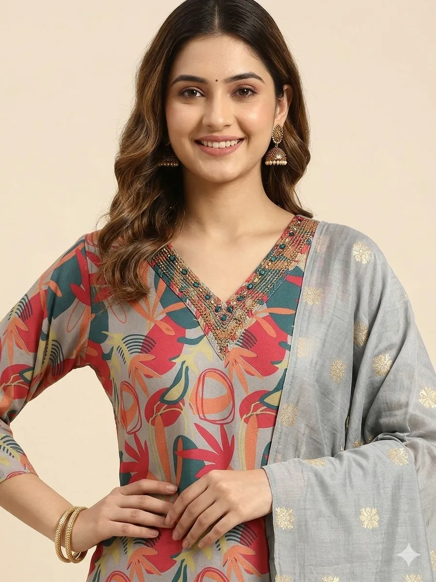 Silver Mist Floral Kurta Set with Woven Dupatta