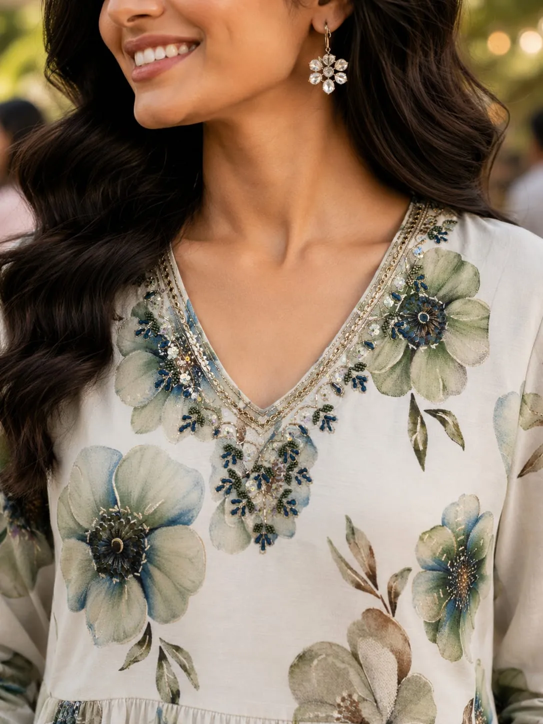Beige Floral Printed Embellished Tunic