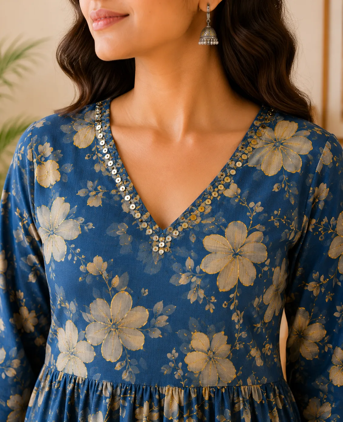 Blue Floral Rayon V-Neck 3/4 Sleeve Tunic