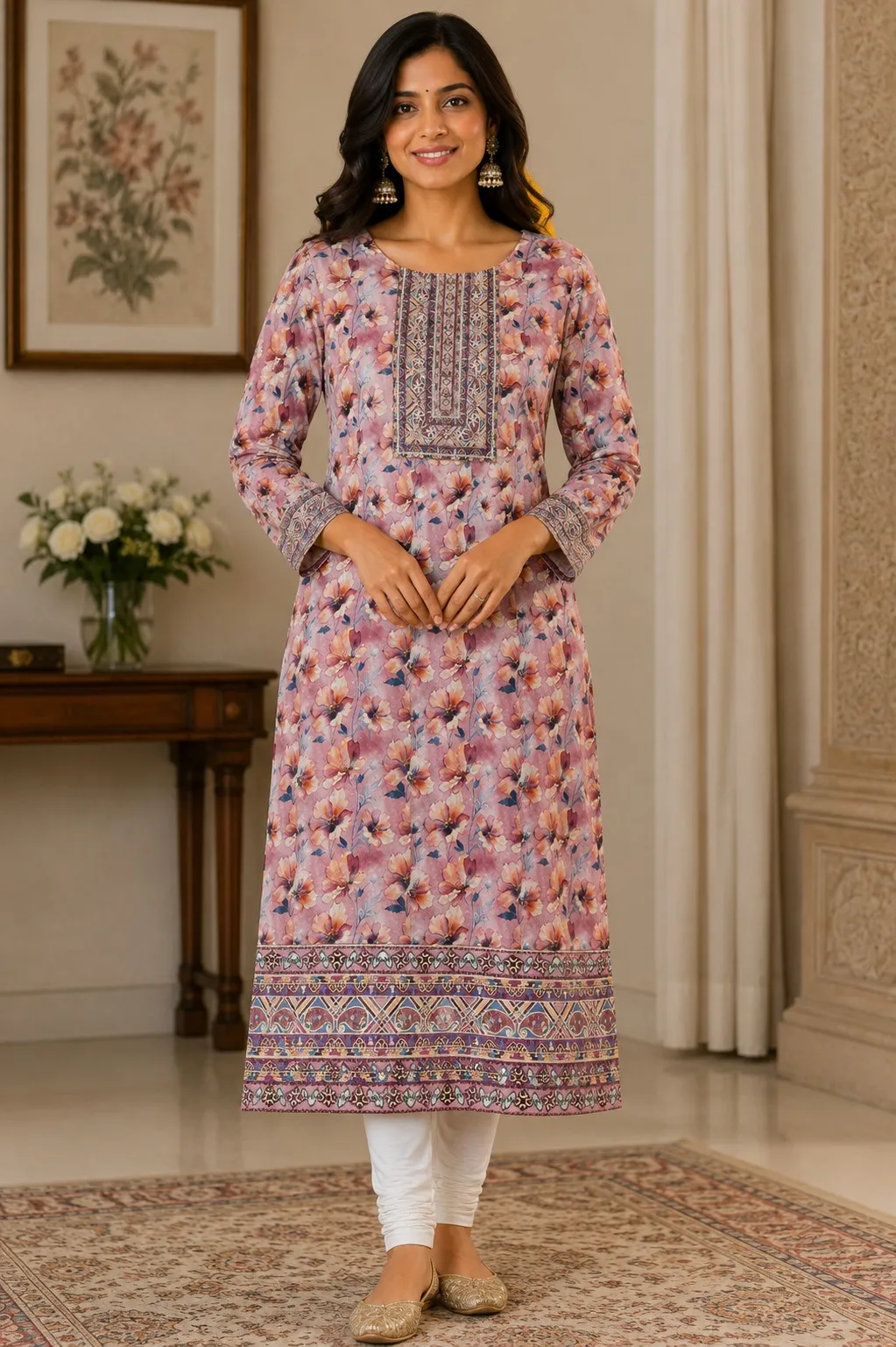 Pink Floral Embroidered Viscose Kurti