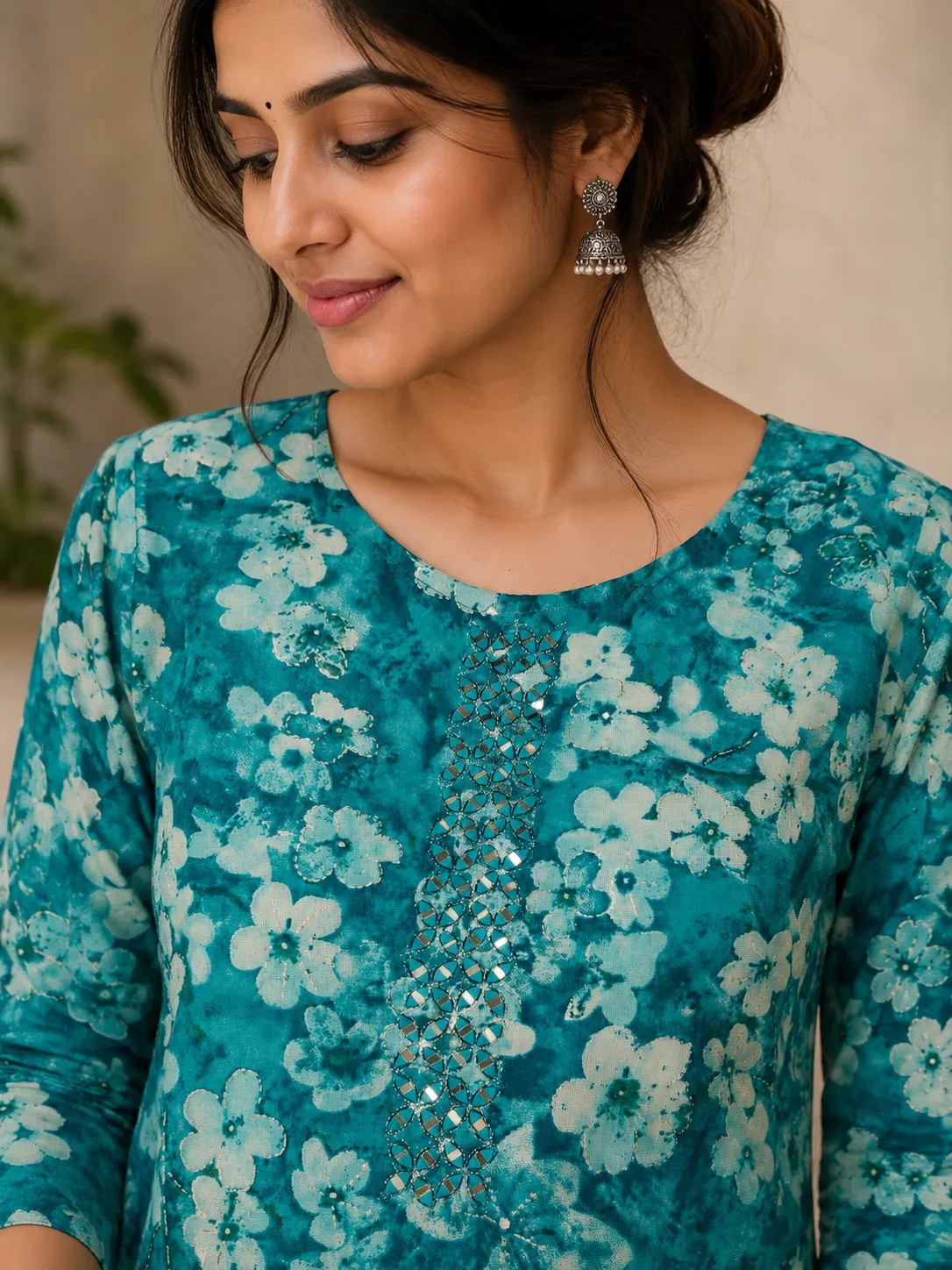 Blue Floral Printed Rayon Tunic with Mirror Work