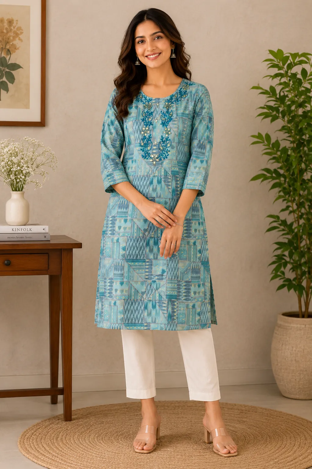 Blue Geometric Print Muslin Kurti with Mirror Work