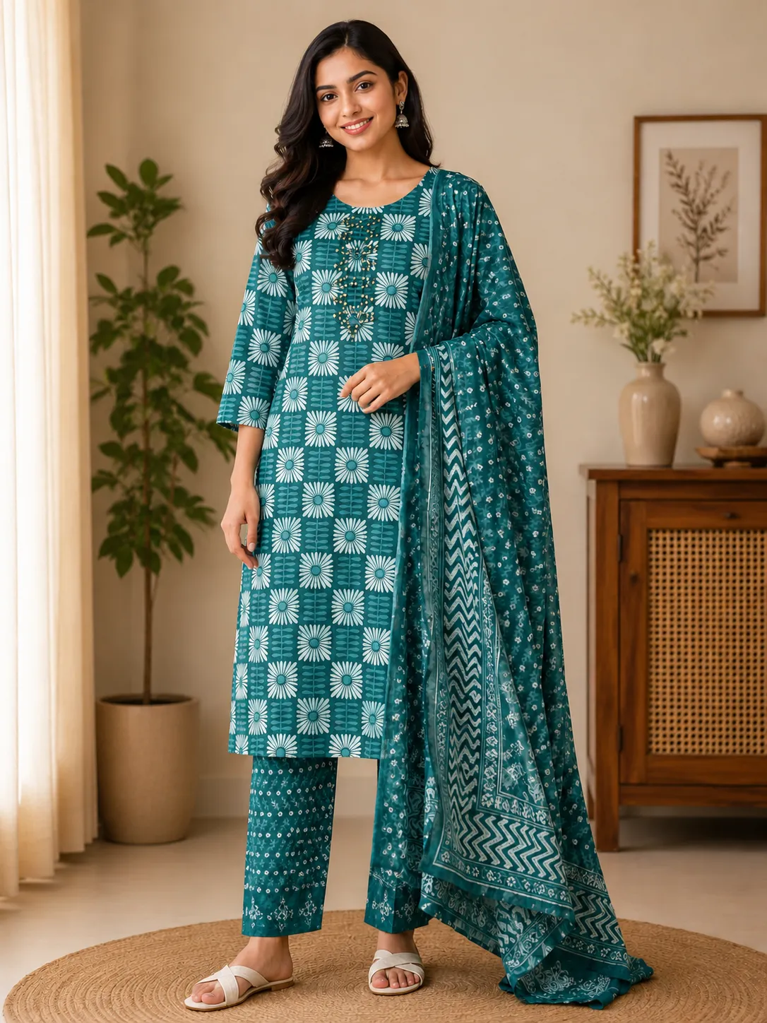 Teal Green Floral Geometric Print Kurta Set with Dupatta