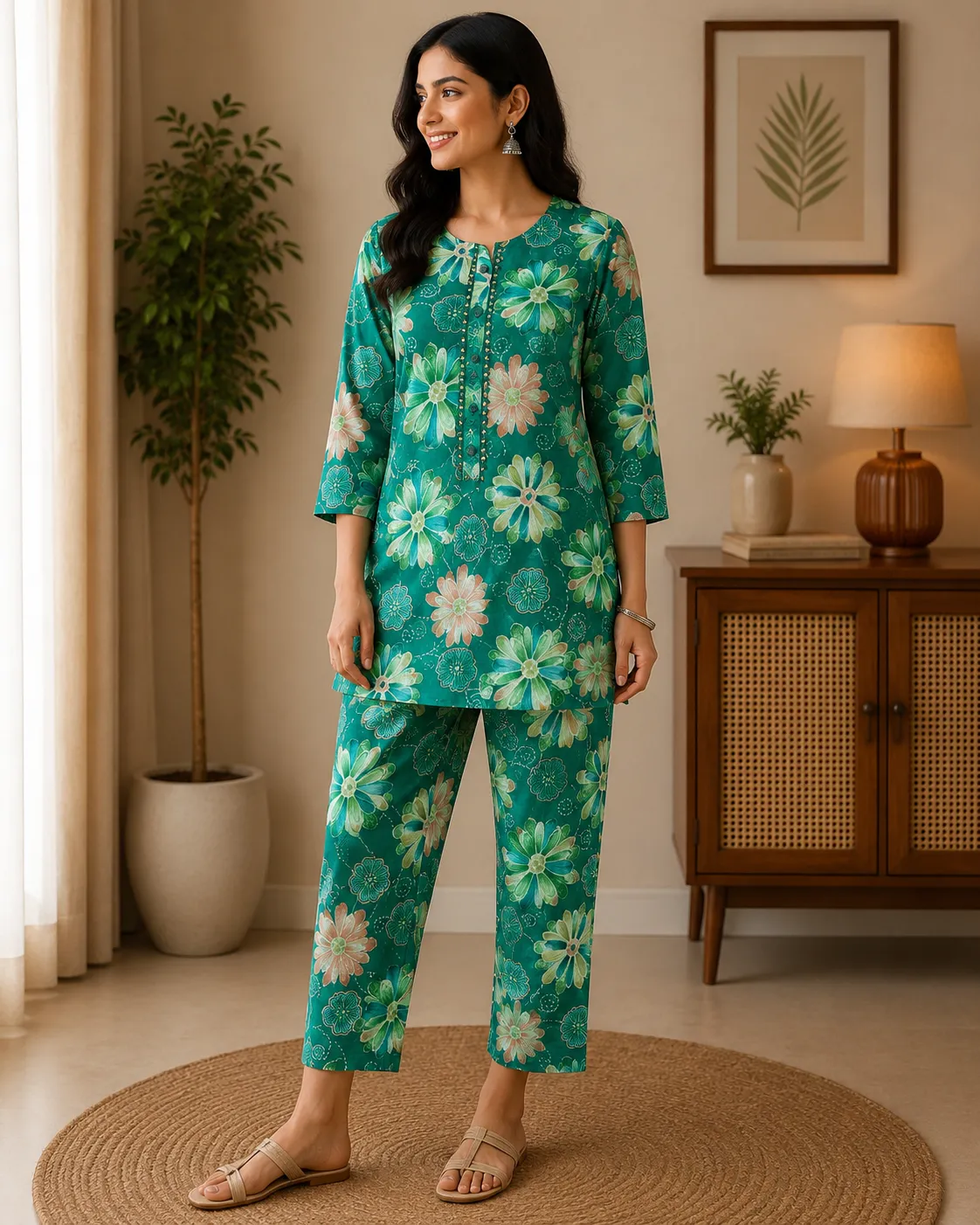 Green Floral Rayon Co-ord Set