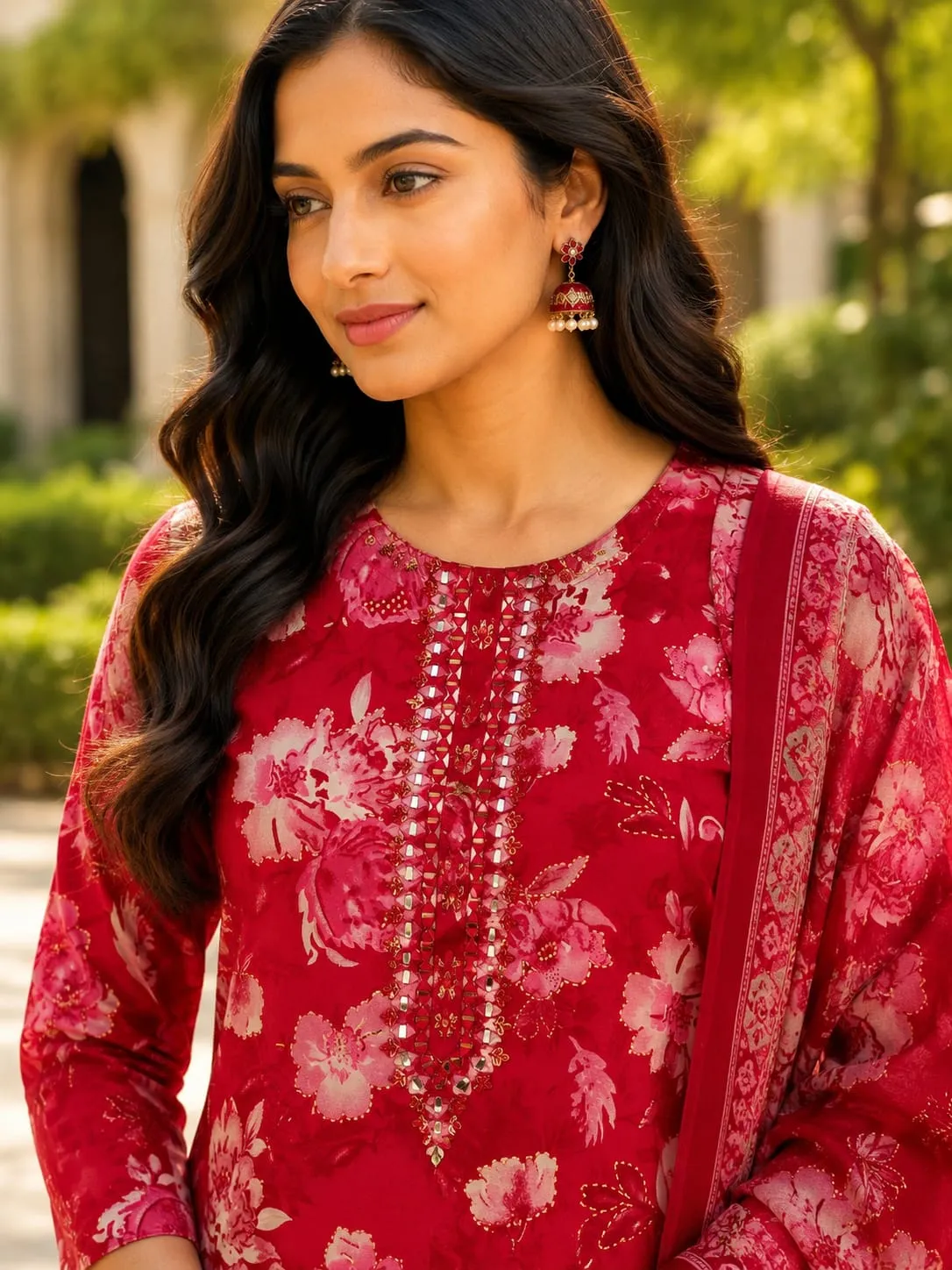 Maroon Floral Rayon SKD Set with Mirror Work