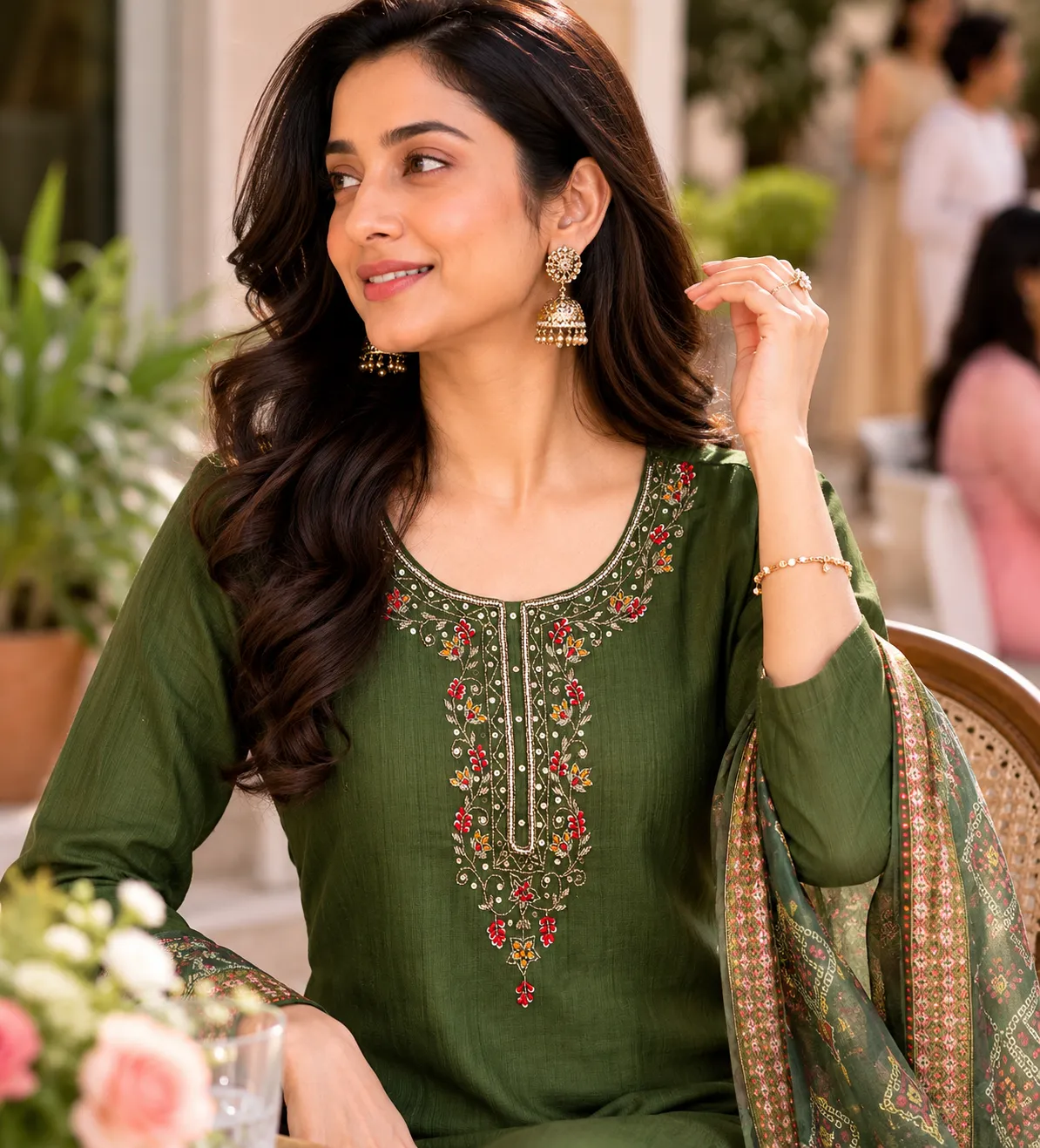 Olive Green Embroidered Viscose SKD Set