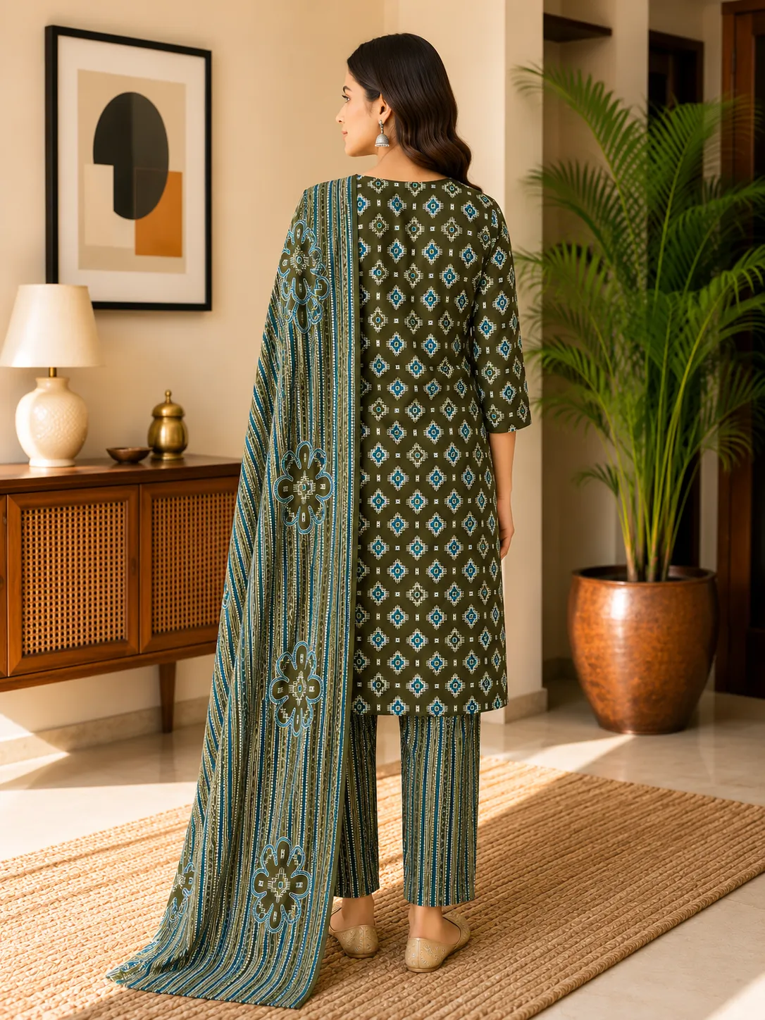 Olive Green Geometric Printed Kurta Set with Dupatta