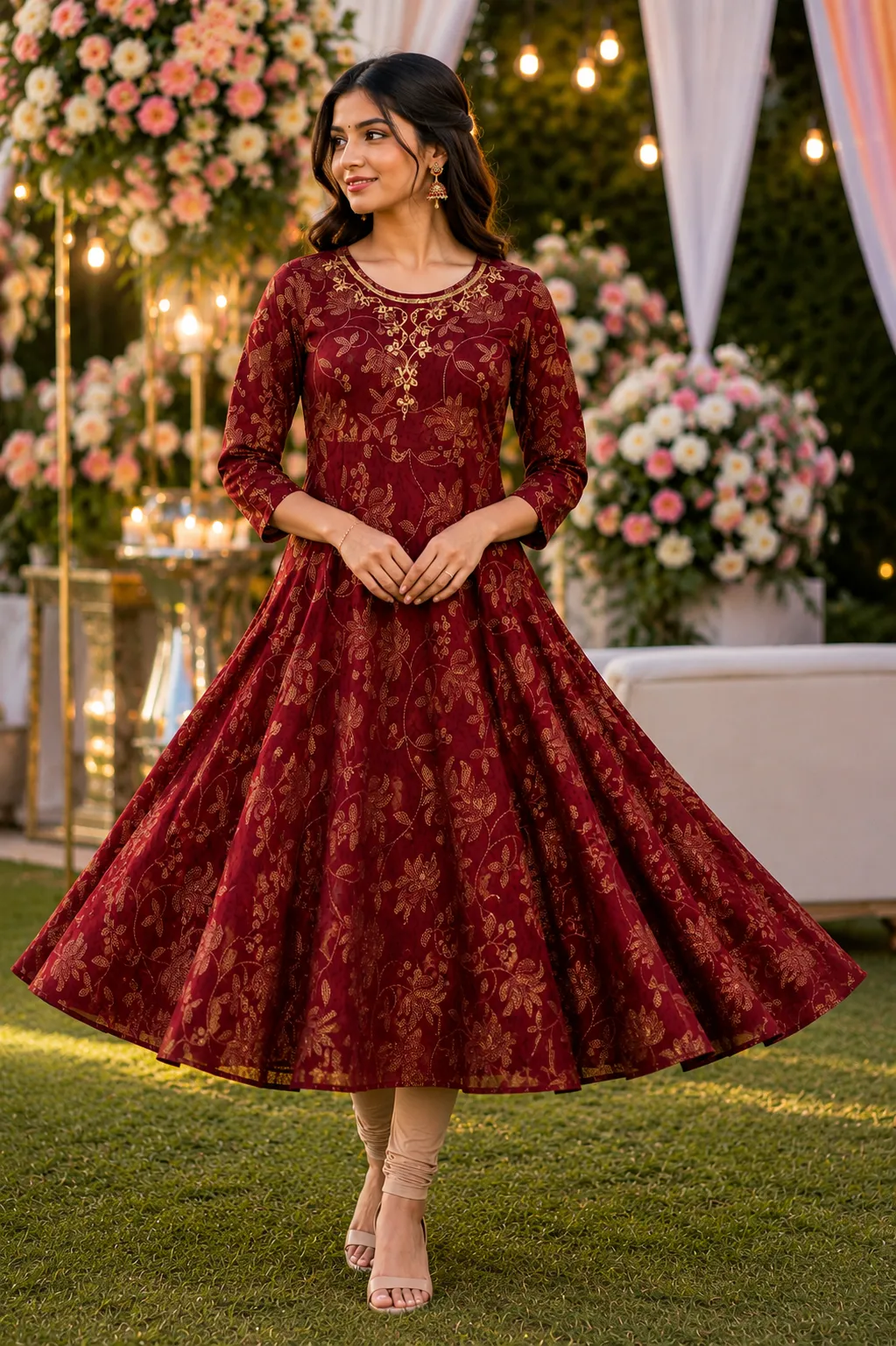 Maroon Foil Print Anarkali Kurti with Embroidery