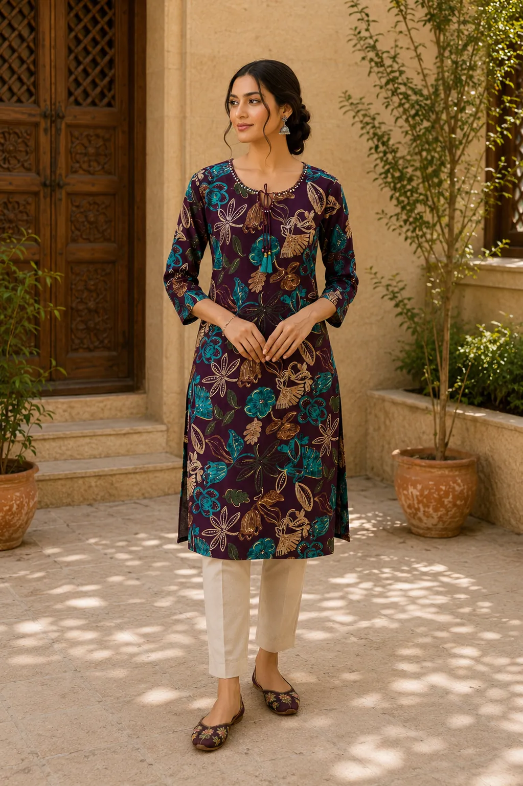 Purple Floral Keyhole Neck Rayon Kurti