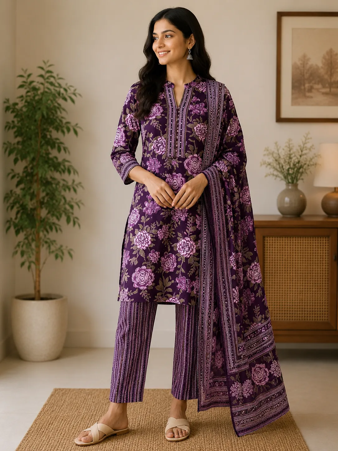 Purple Floral Printed undefined Suit Set