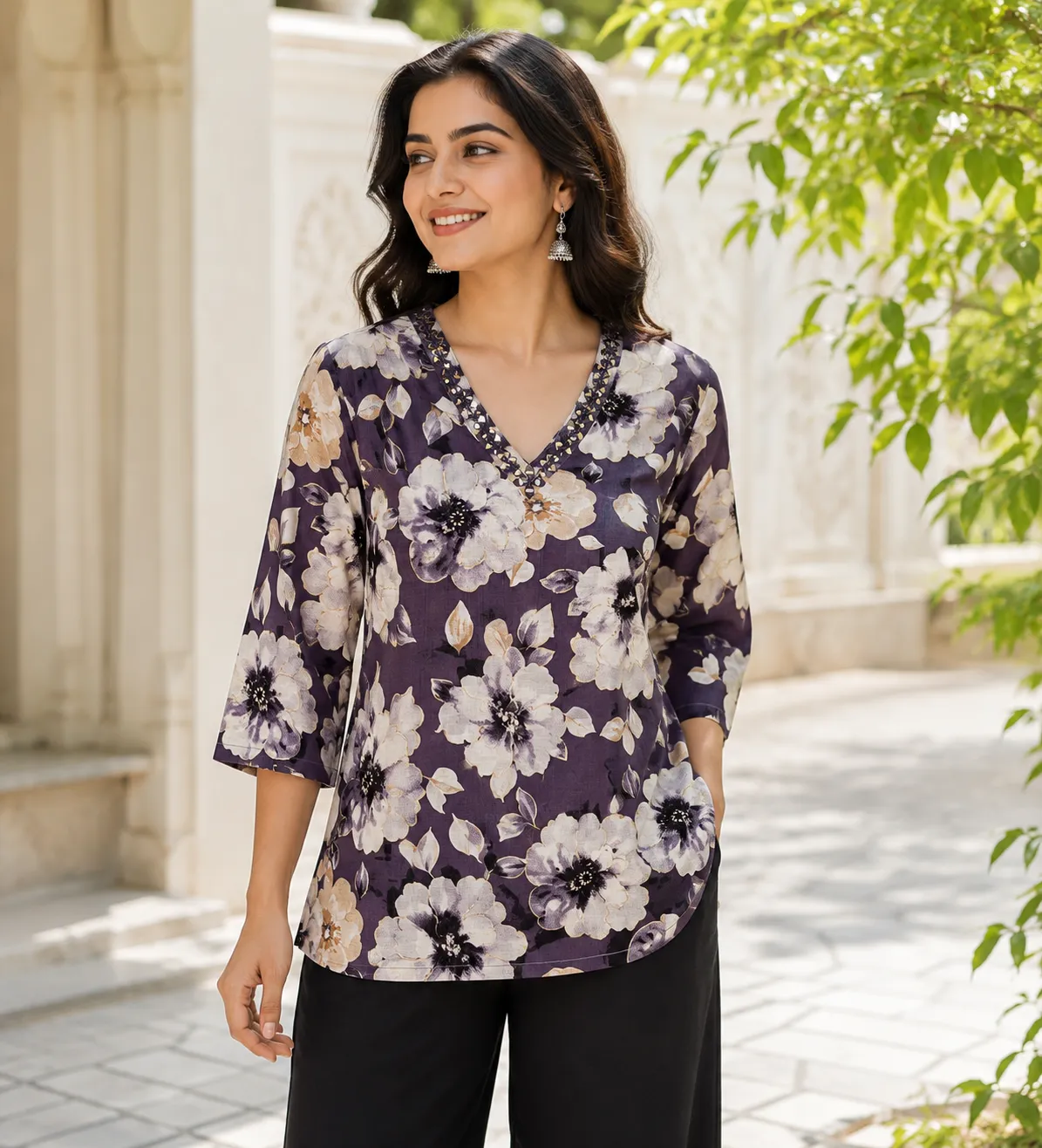 undefined Purple Floral Tunic with Beads