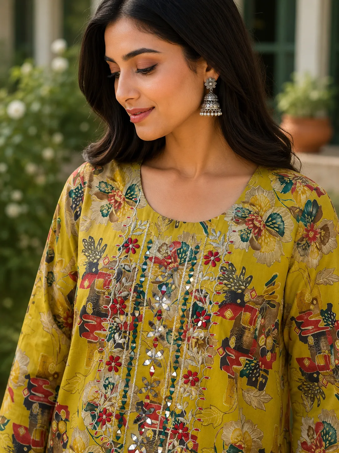 Olive Green Floral Printed Kurti with Mirror Work