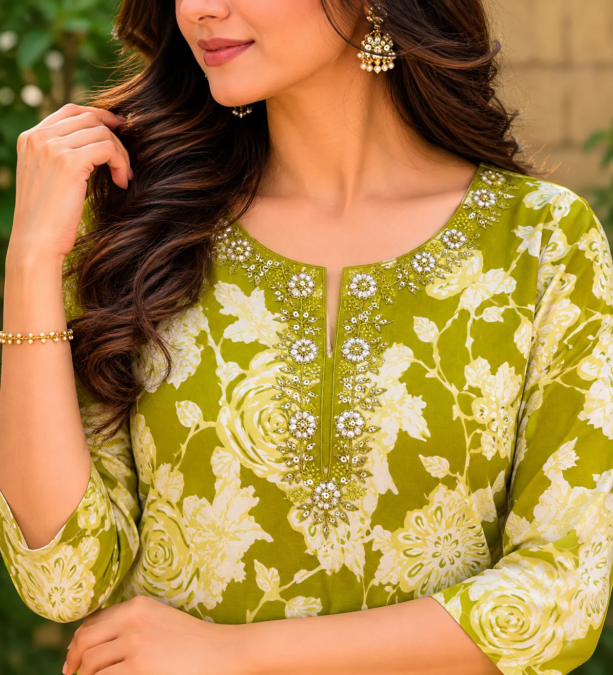 Green Floral Rayon Kurti with Beaded Neck