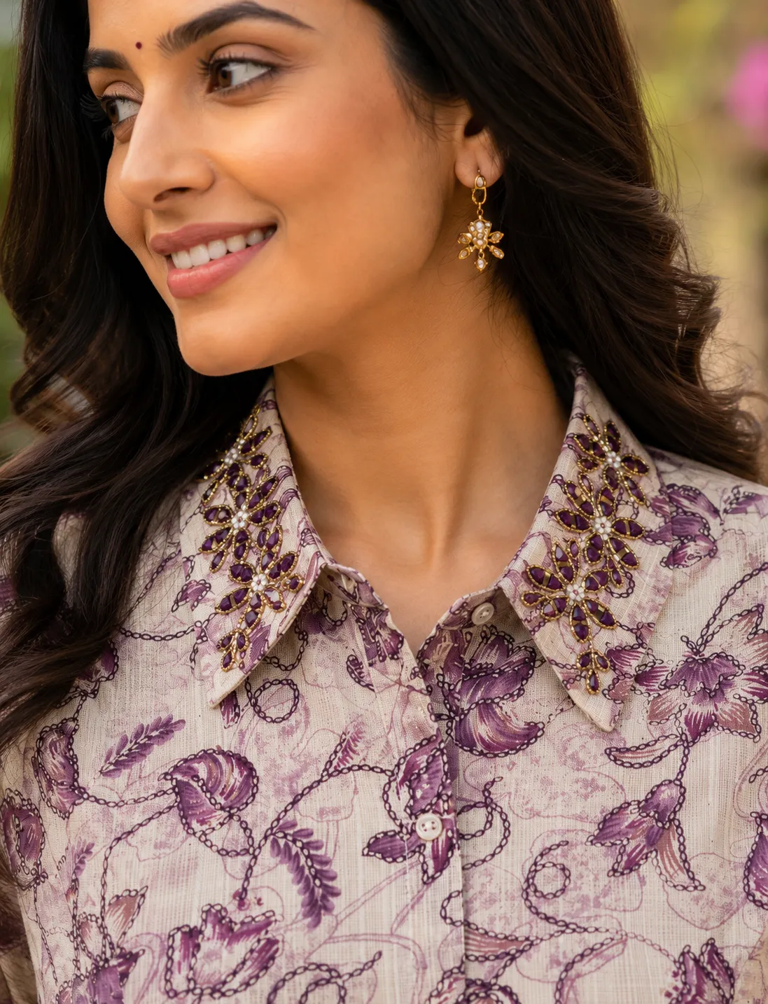 Beige & Purple Floral Cotton Kurti with Embellished Collar
