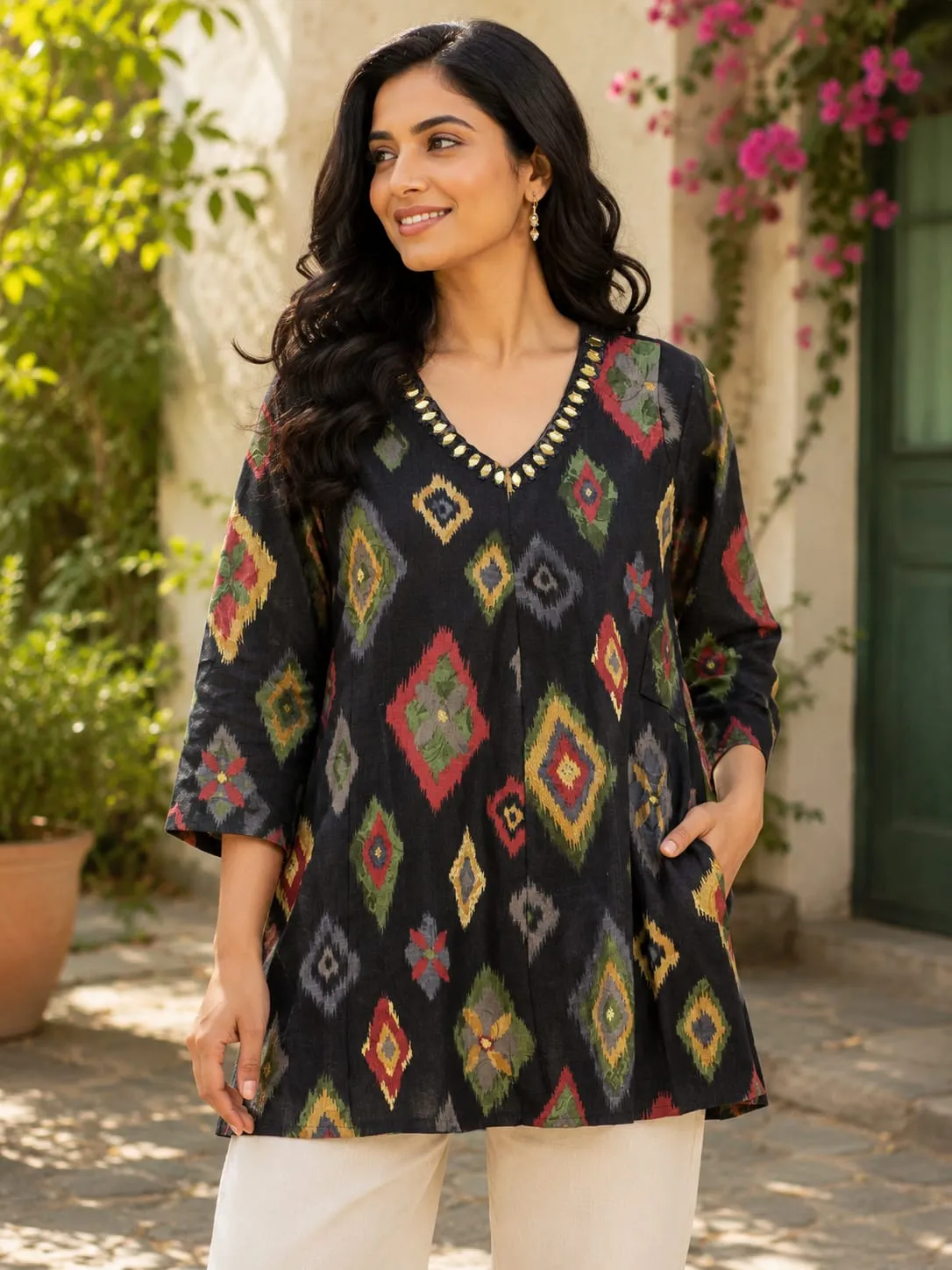 Black Ikat PrintTunic with Mirror Work