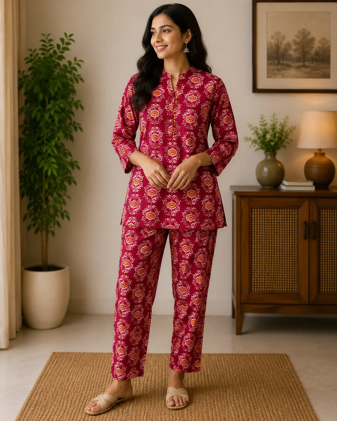 Maroon Ikat Print Co-ord Set with Sequin Detail