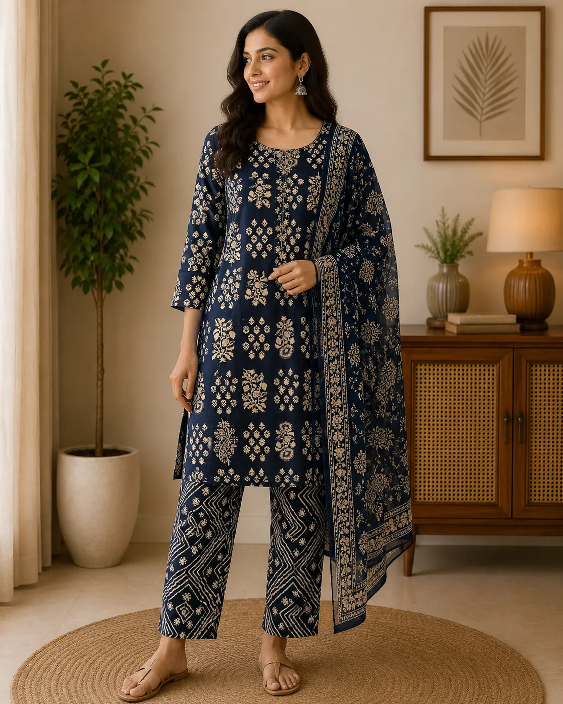 Navy Blue Floral Print Rayon Kurta Set with Dupatta