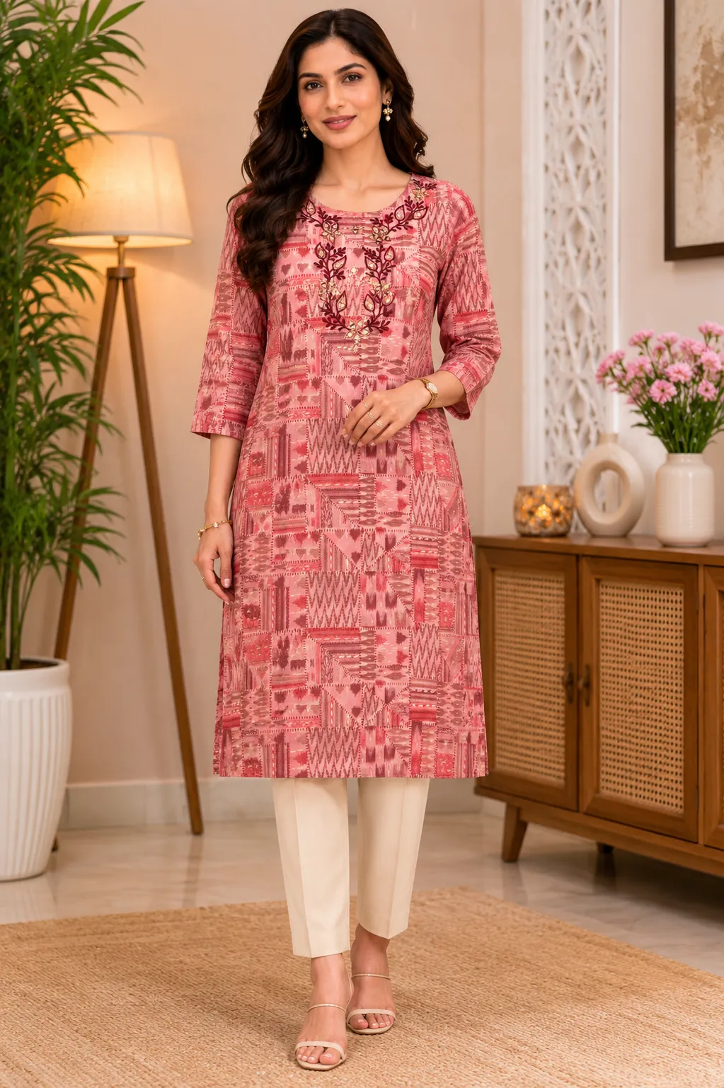 Pink Rayon Embroidered Geometric Print Kurta
