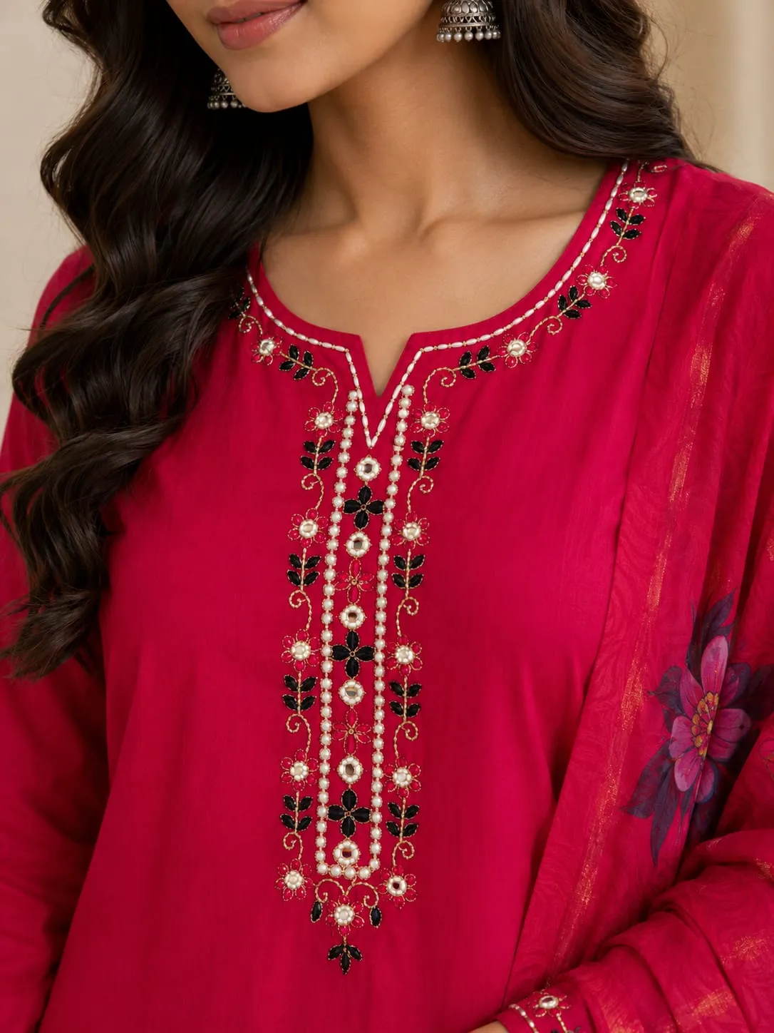 Pink Embroidered Rayon SKD with Floral Dupatta