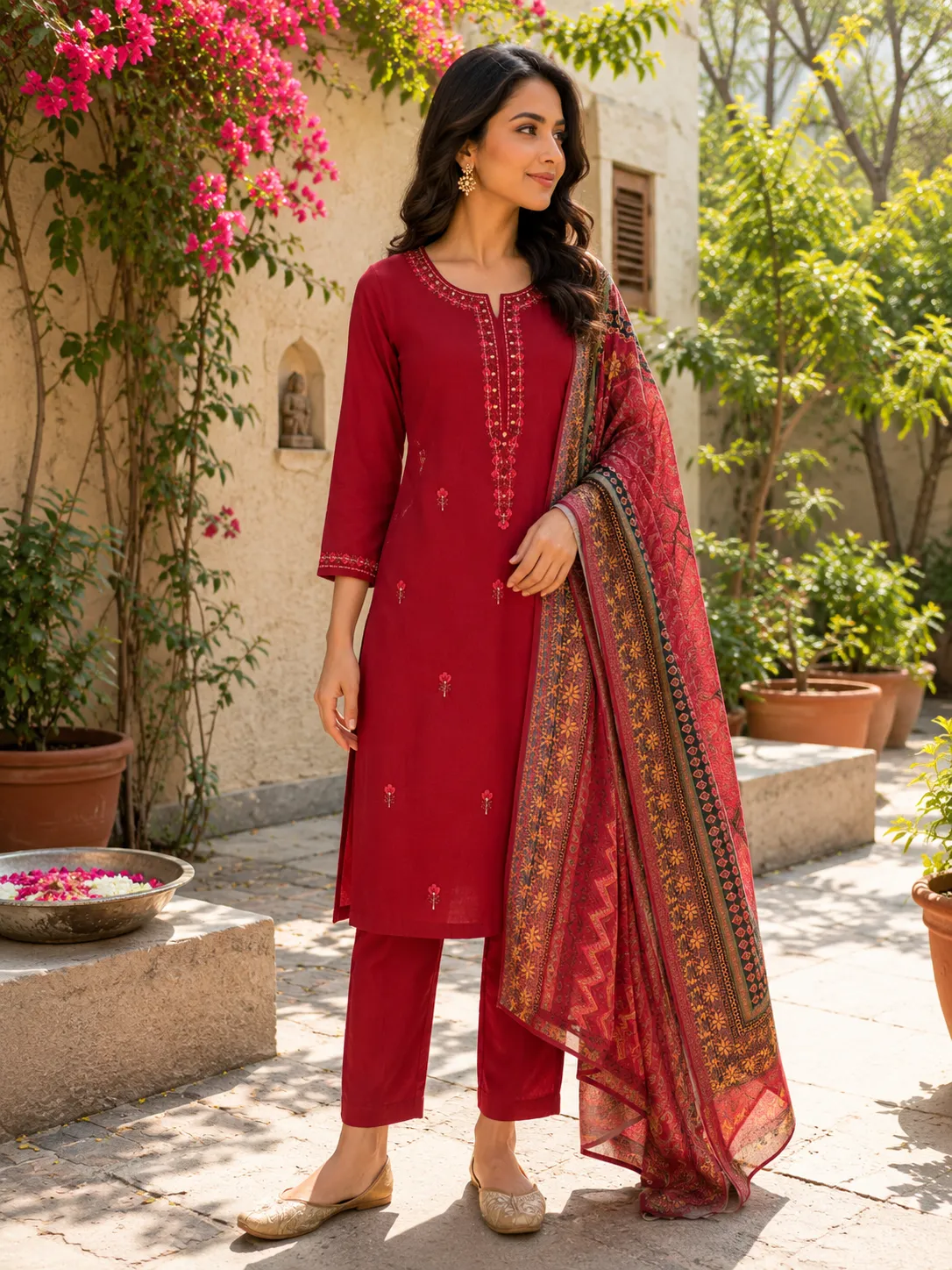Maroon Embroidered Rayon Ethnic Set with Printed Dupatta