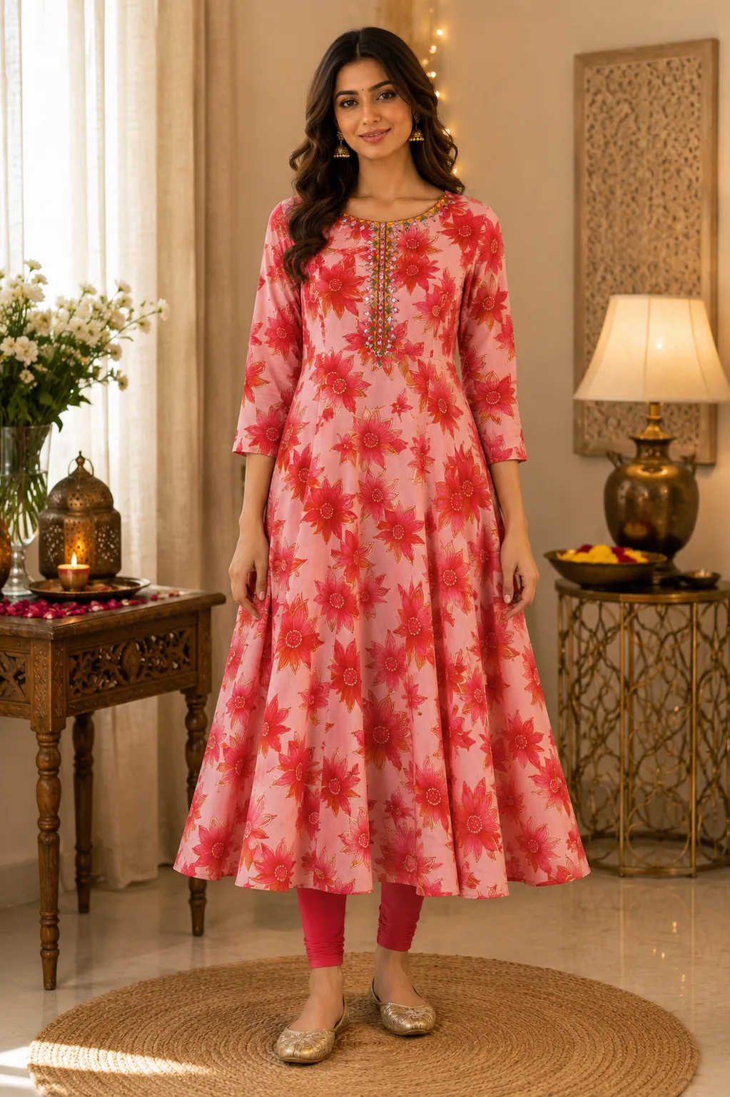 Pink Floral Mirror Work Anarkali Kurti