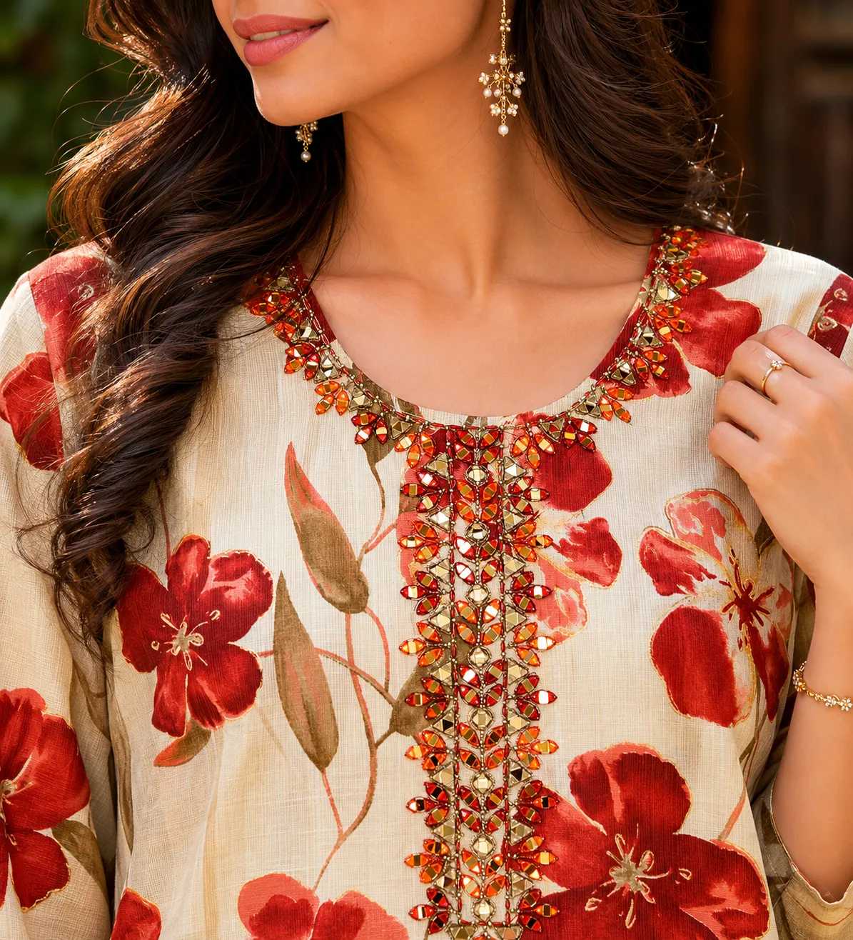Beige & Red Floral Viscose Kurti with Sequin Embellishment