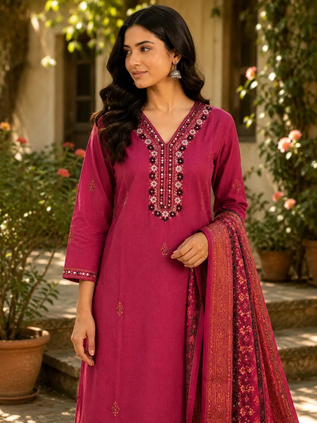 Maroon Embroidered SKD with Mirror Work