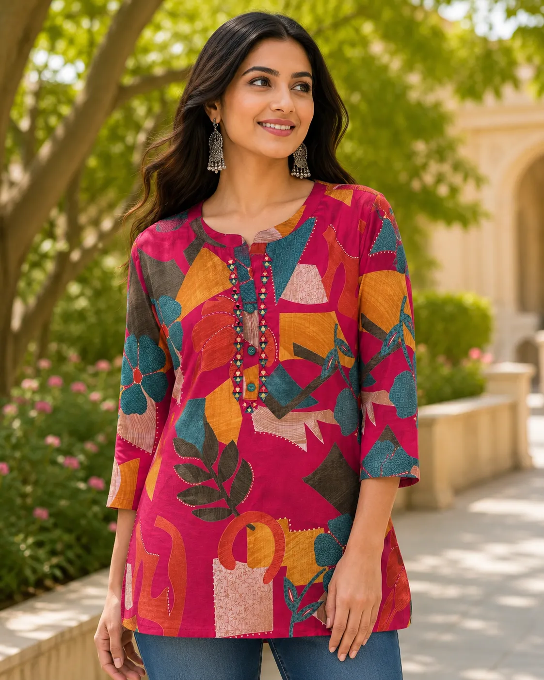 Vibrant Abstract Print 3/4 Sleeve Tunic