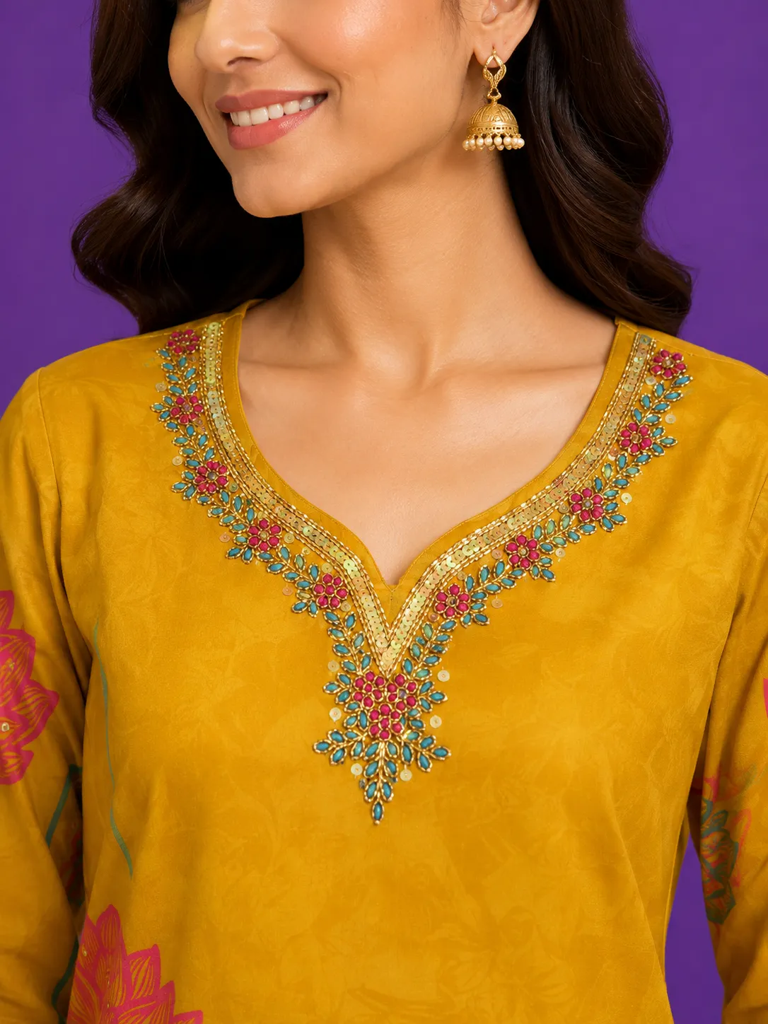 Mustard Floral Viscose Embellished Kurti