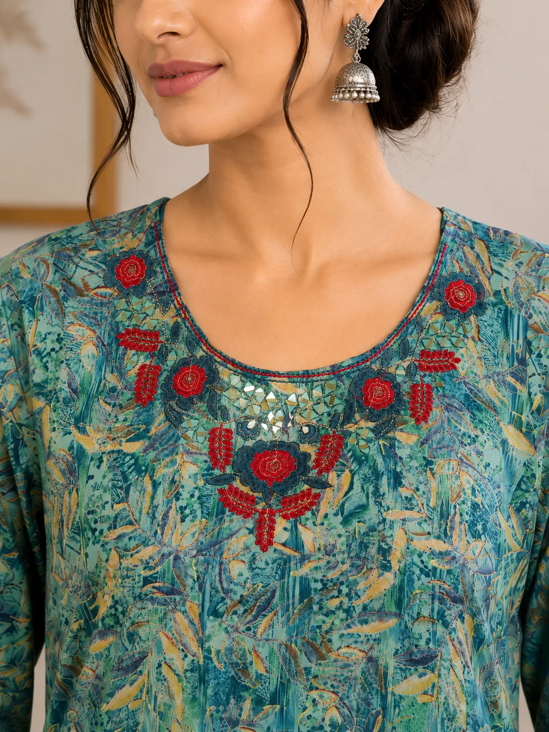 Teal Floral Printed Kurti with Embroidery