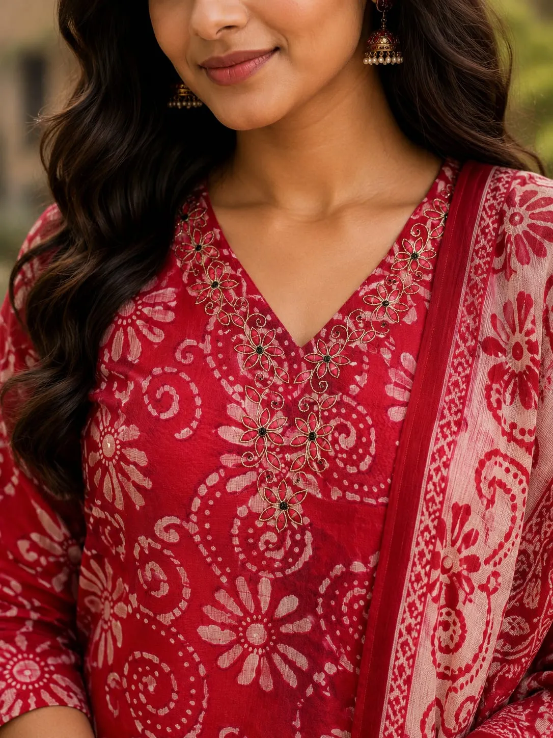 Red Floral Print Rayon SKD with Embroidered Neck