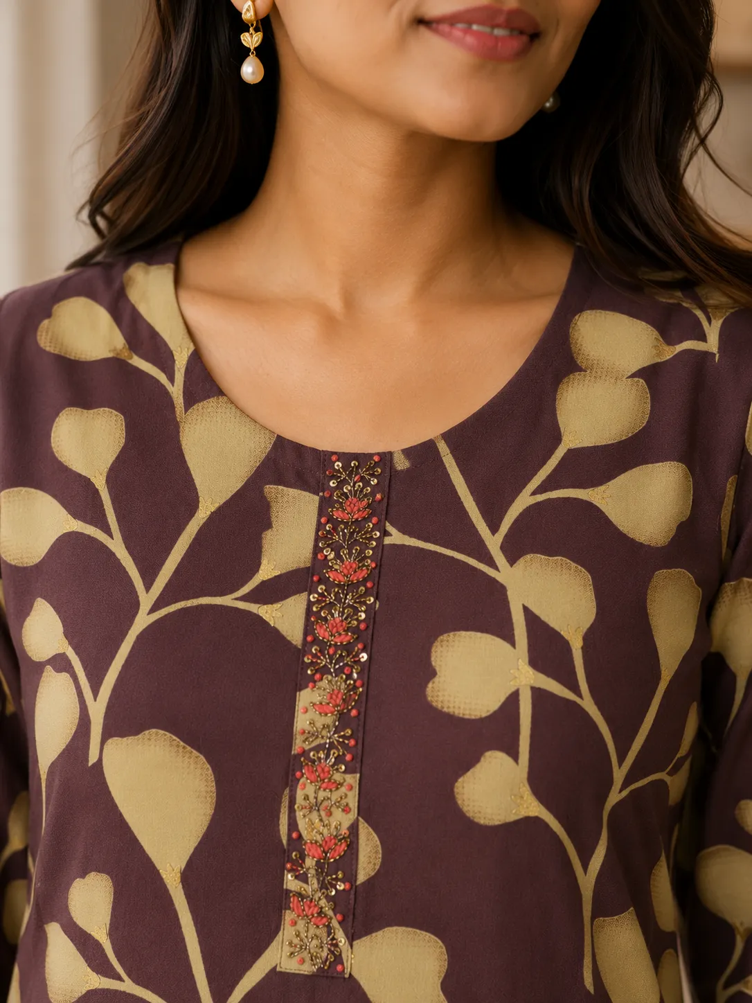 Maroon Floral Print Rayon Kurti with 3/4 Sleeves