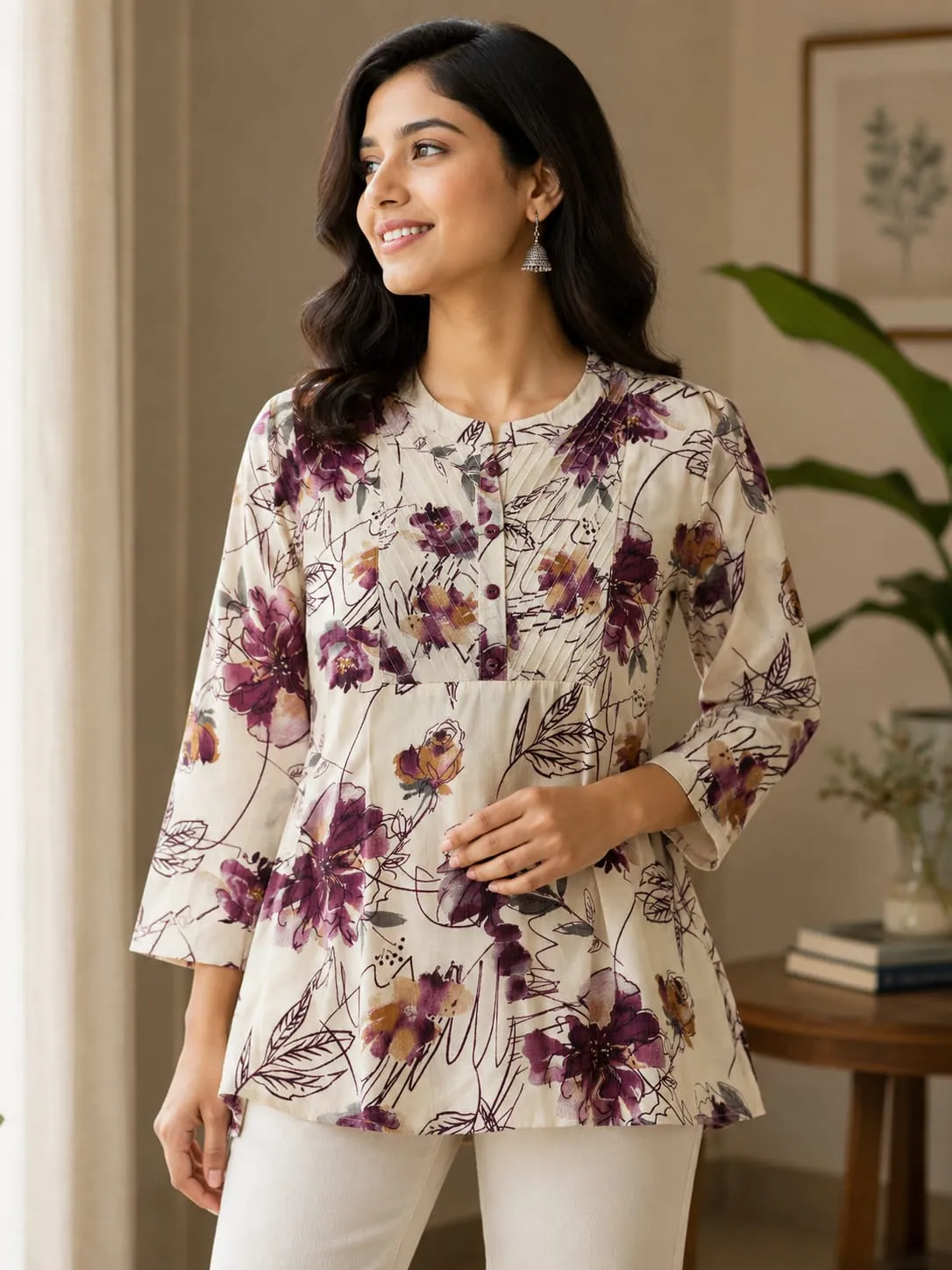 Beige Floral Print A-Line Tunic