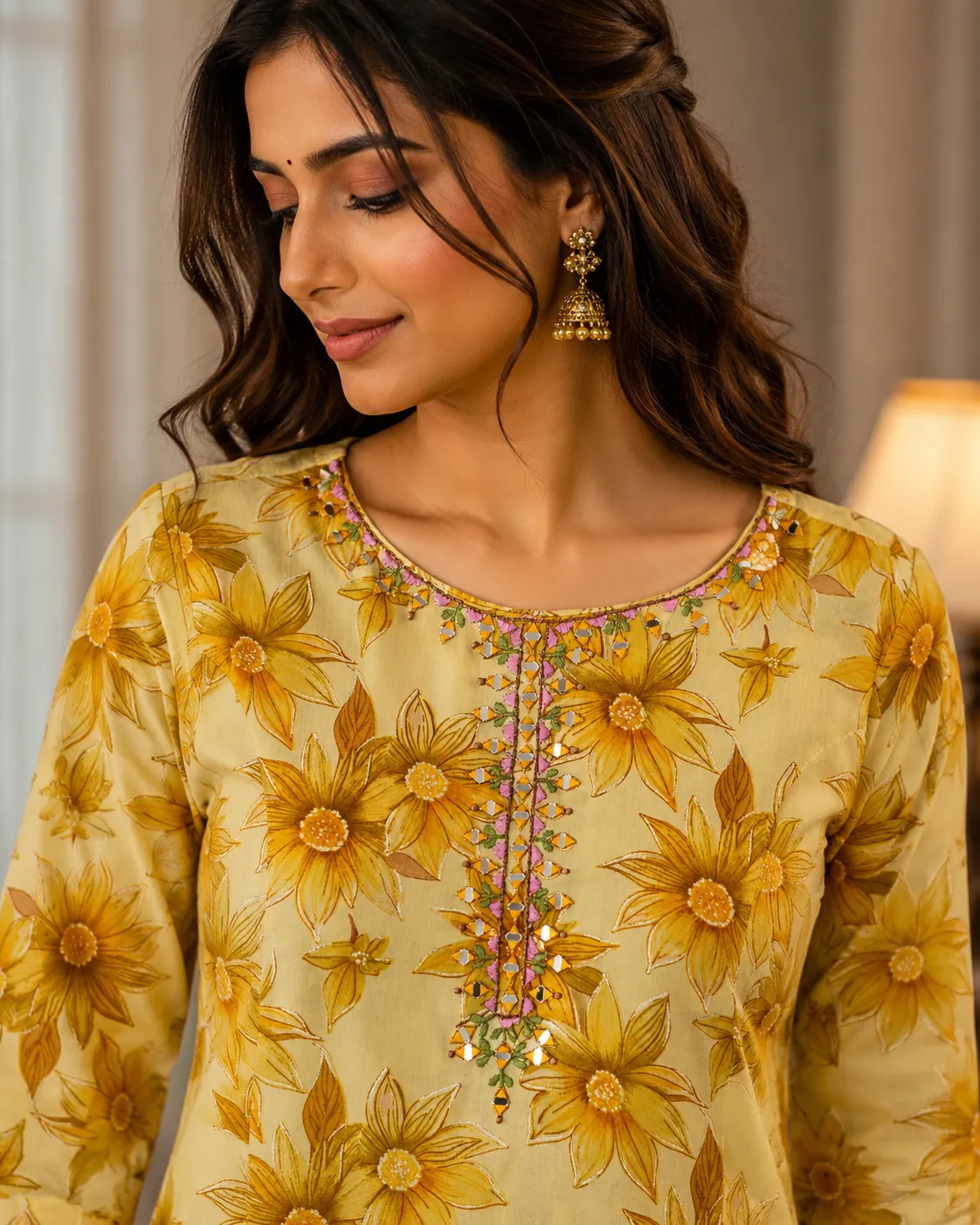 Yellow Floral Print Rayon Anarkali Kurti