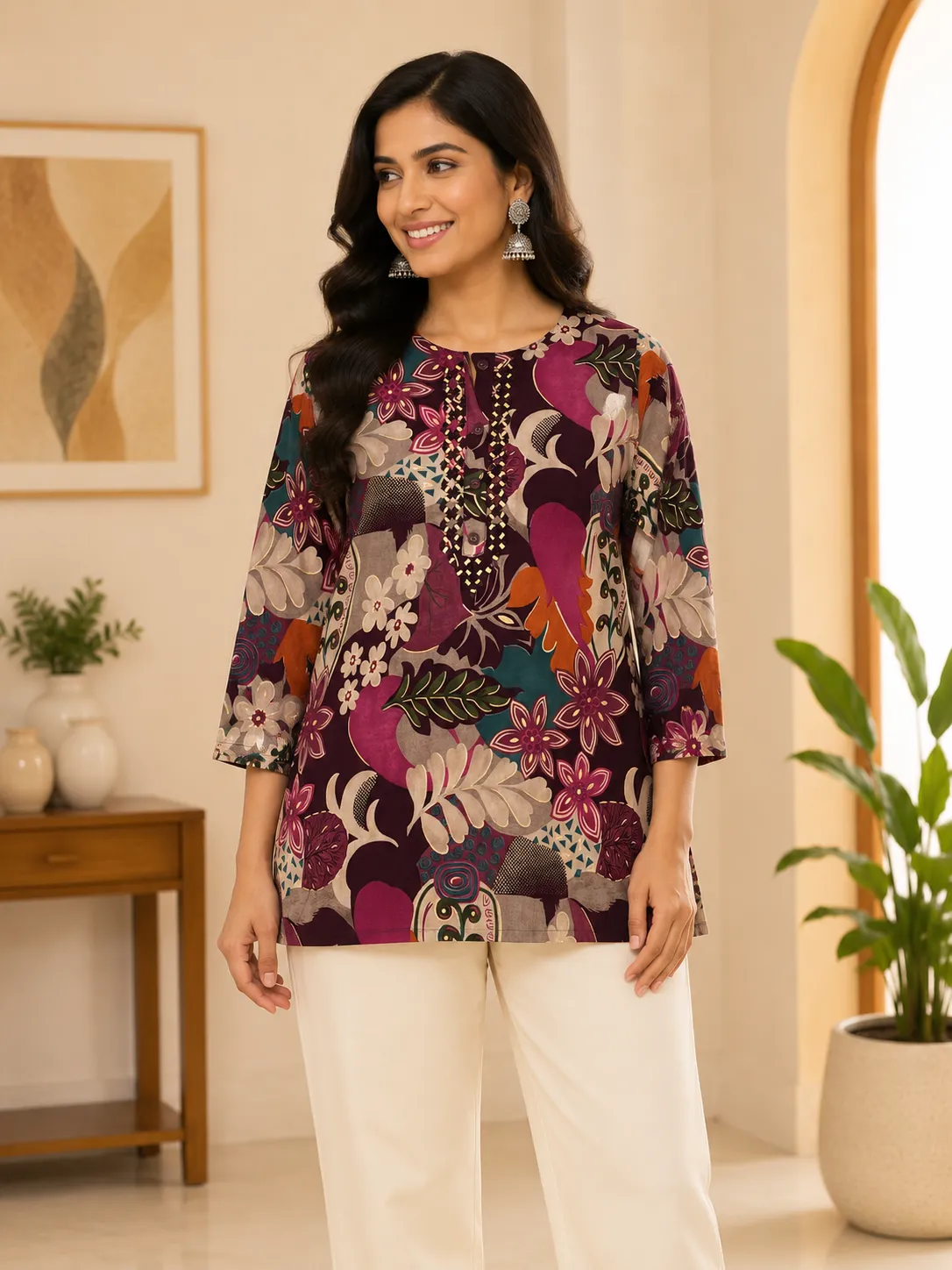 Maroon Floral Print Rayon Tunic with Thread Work