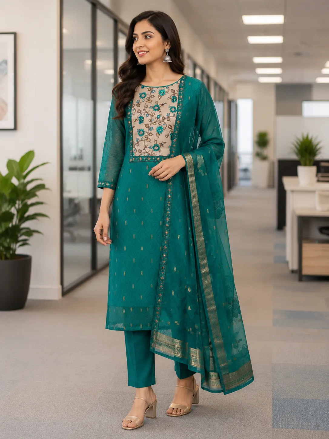 Green Chanderi Embroidered Kurta Set with Dupatta