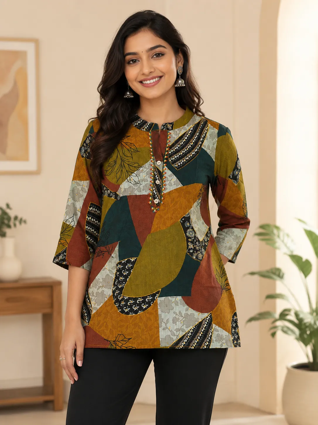 Multi-Color Abstract Print Rayon Tunic with Mandarin Collar