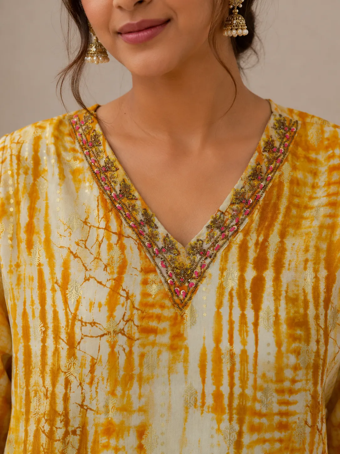 Yellow Bandhani Print Rayon Kurti with Embroidered V-Neck