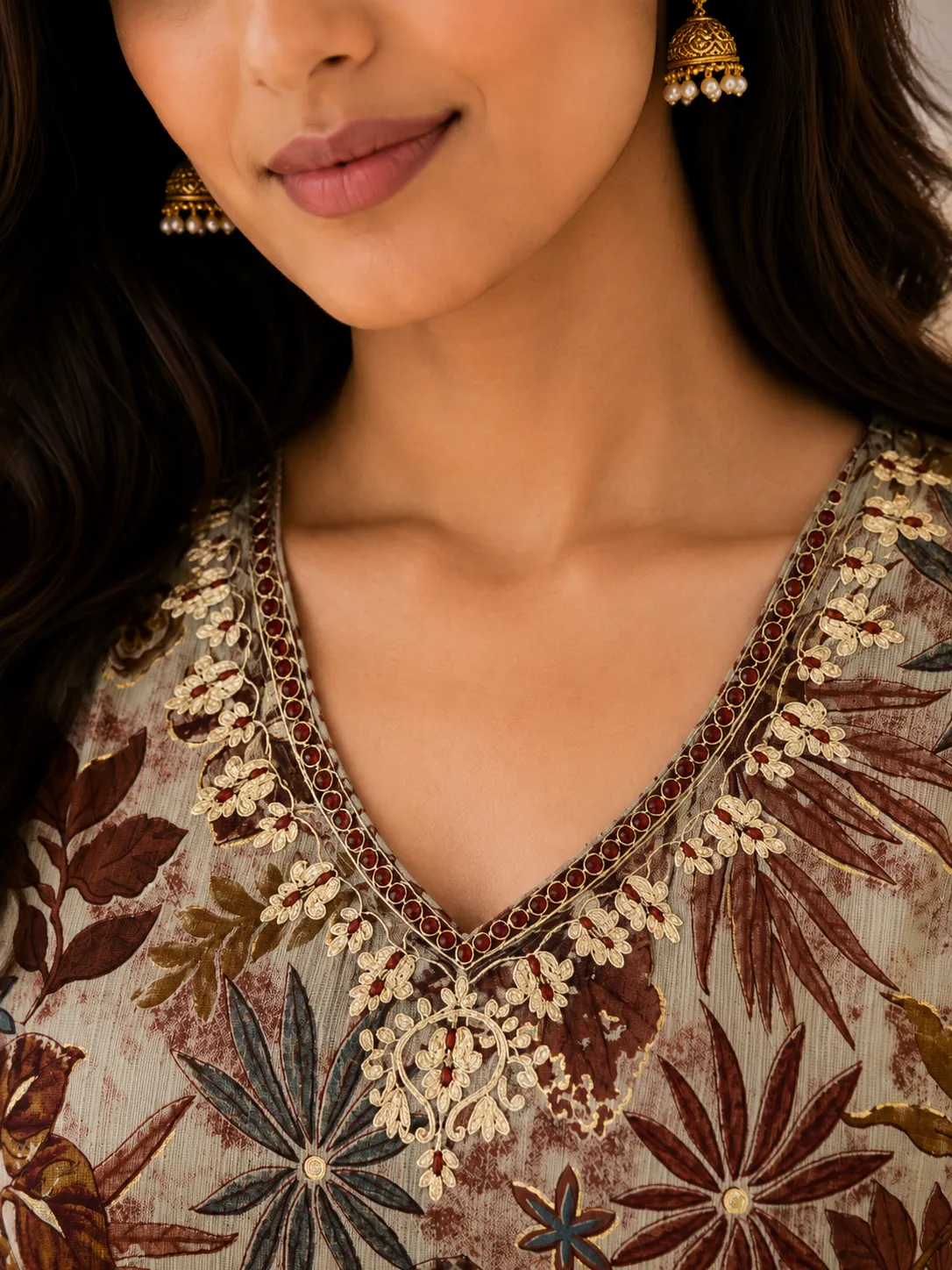 Grey Floral Print Embroidered Rayon Kurti