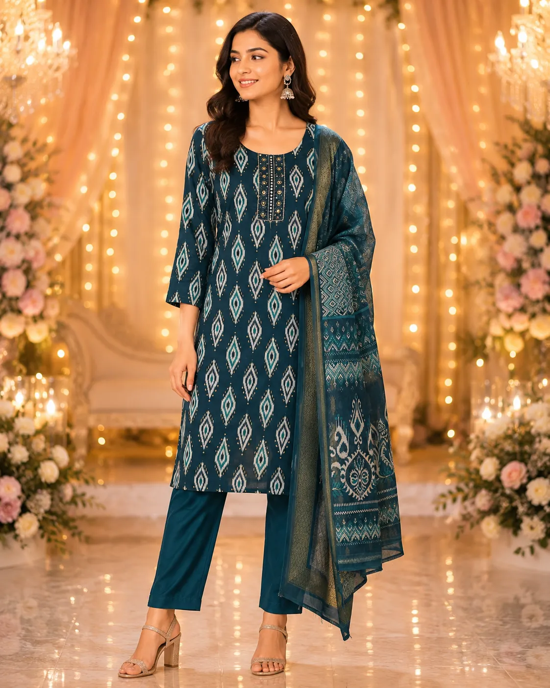 Women's Blue Ikat Print Rayon Kurta Set with Dupatta