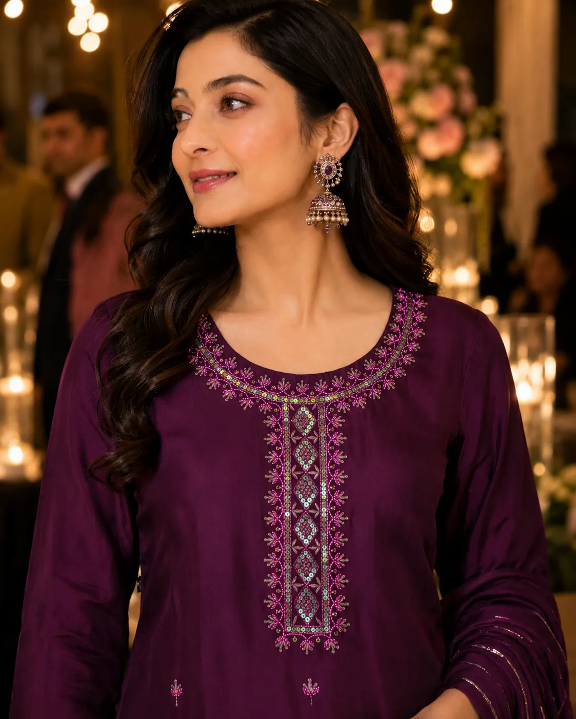 Purple Embroidered Satin Kurta Set with Dupatta