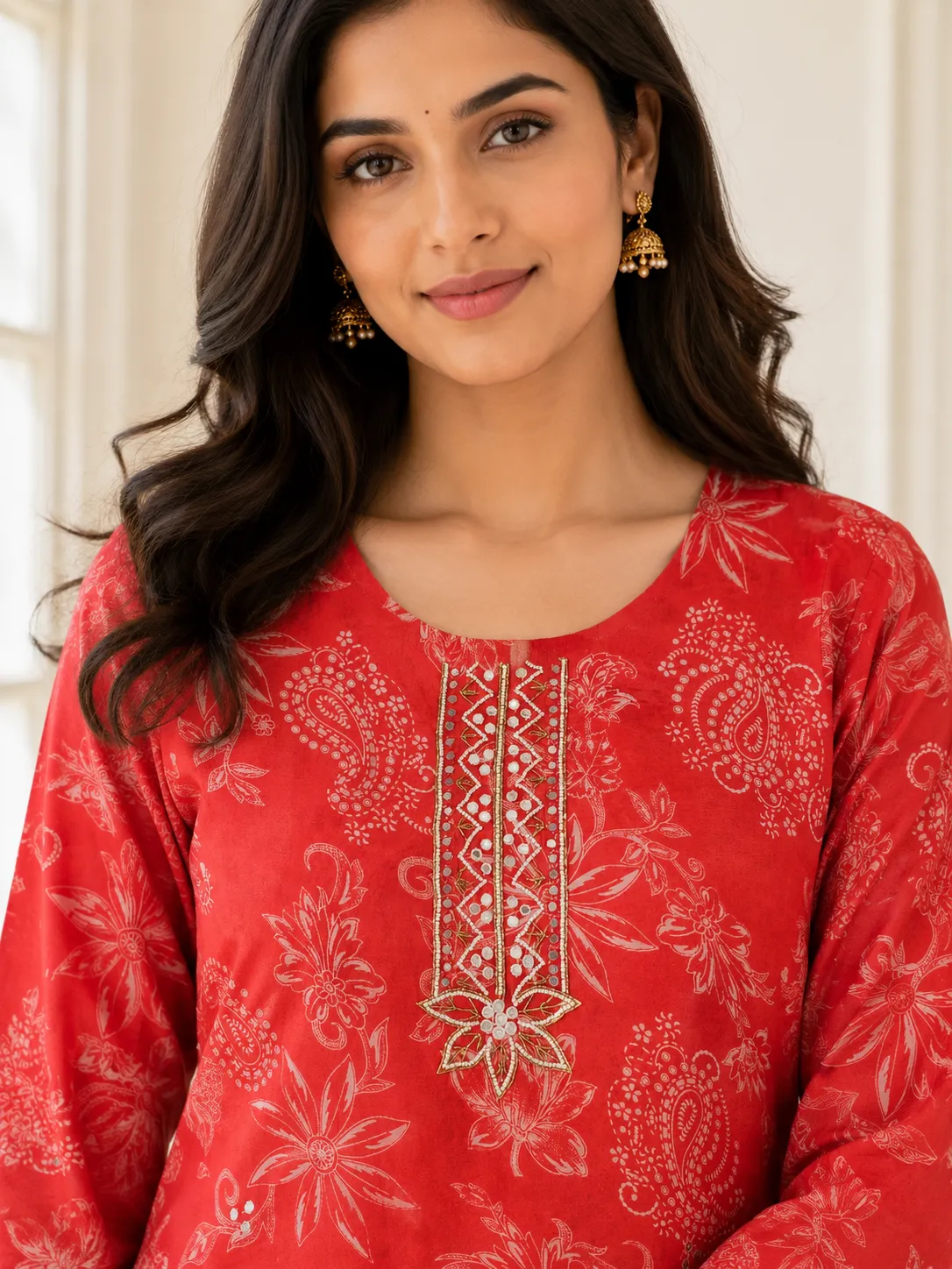 Red Viscose Paisley Print A-Line Kurti
