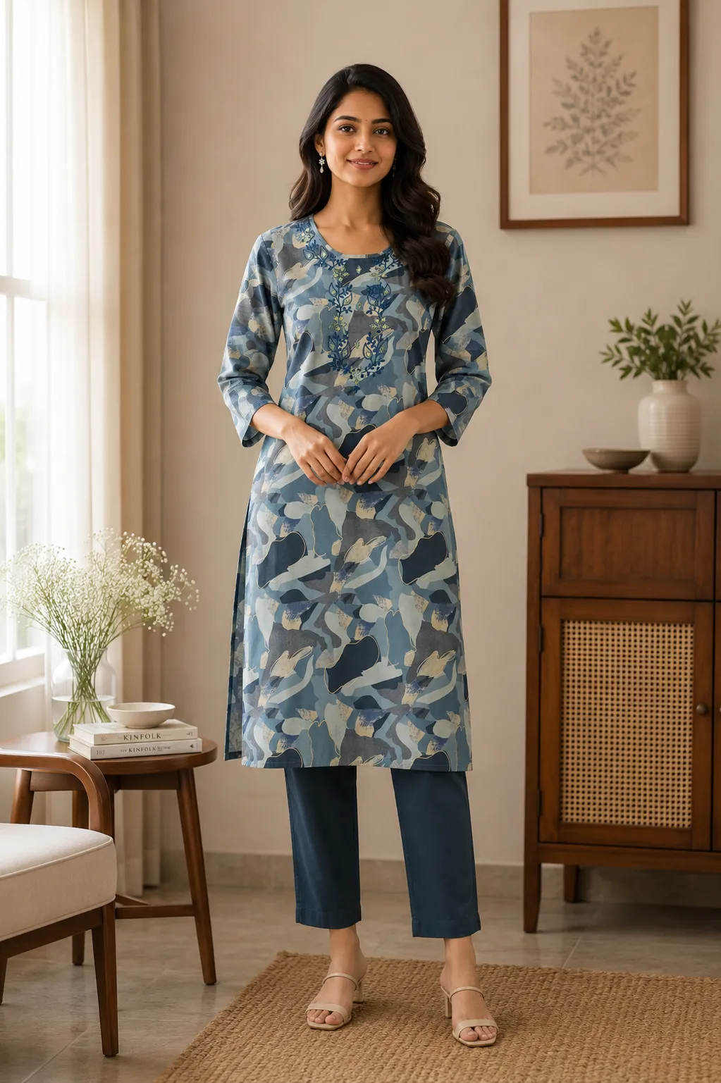 Blue Abstract Print Kurti with Mirror Work
