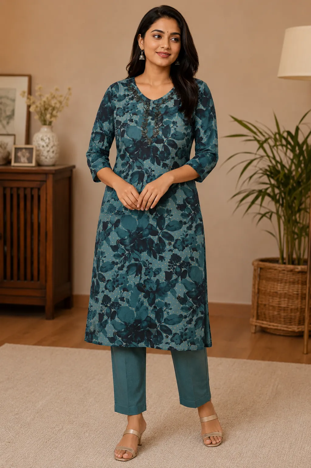 Blue Floral Embroidered Viscose Kurti