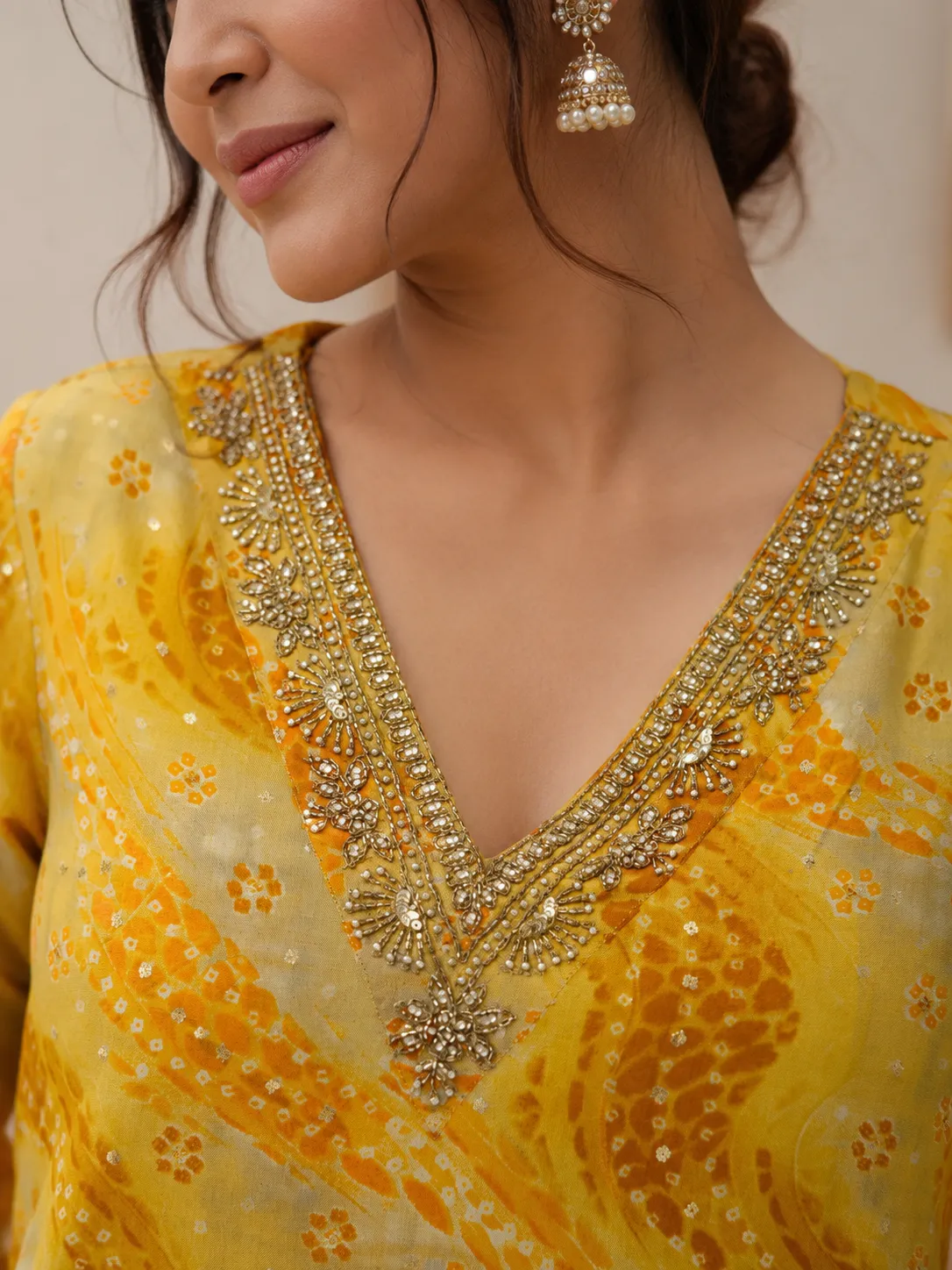 Yellow Bandhani Print Viscose Kurti with Embellished V-Neck