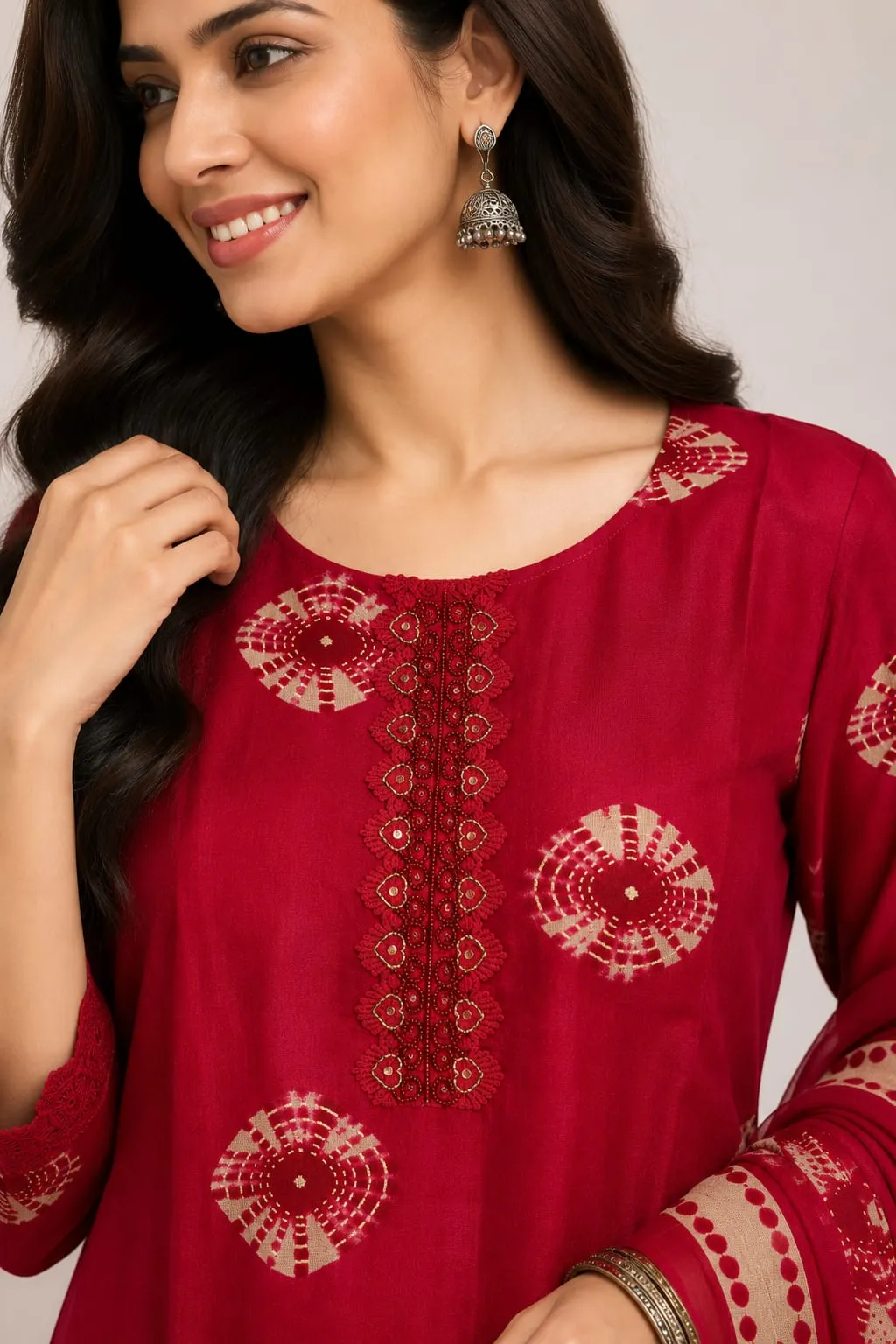 Maroon Floral Print Rayon SKD with Embroidery
