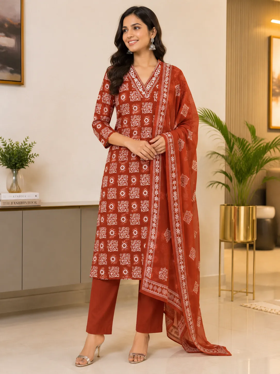 Maroon Block Print Cotton Kurta Set with Dupatta