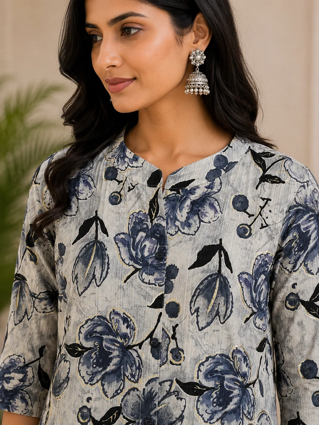 Grey & Blue Floral 3/4 Sleeve A-Line undefined